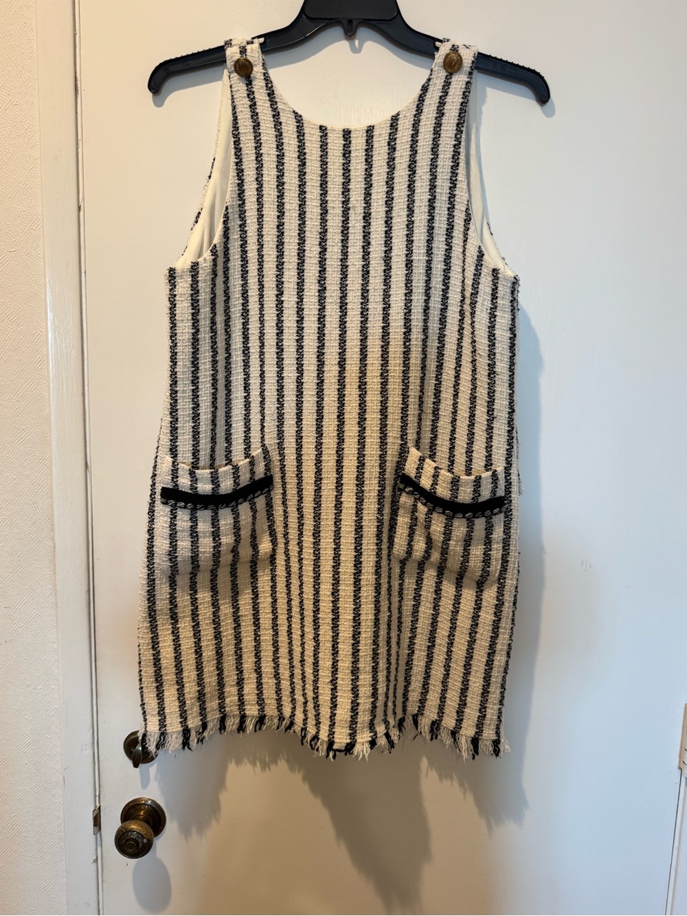 Zara Striped Tweed Pocket Pinafore Dress in Cream and Black